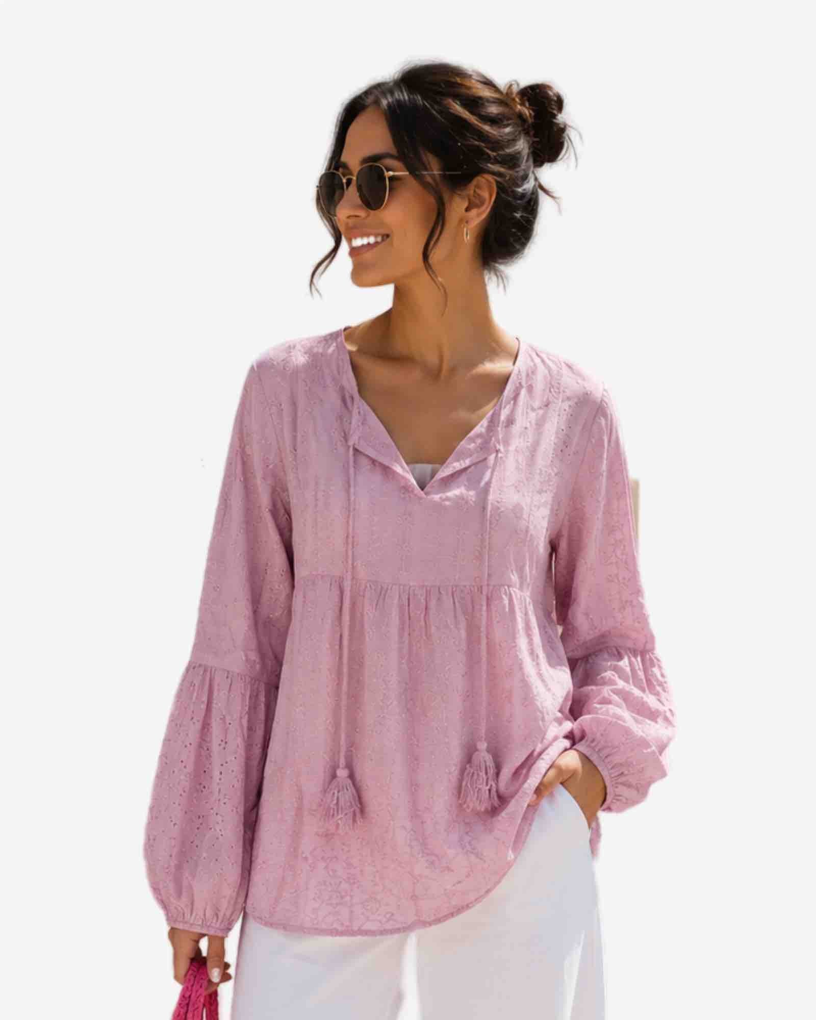 Damen Bluse mit Lochstickerei aus Baumwolle