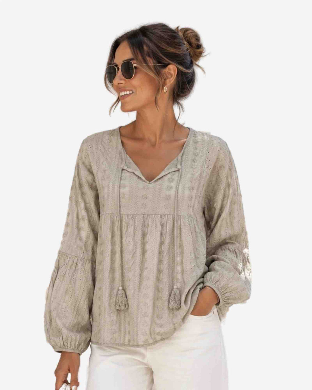 Damen Bluse mit Lochstickerei aus Baumwolle