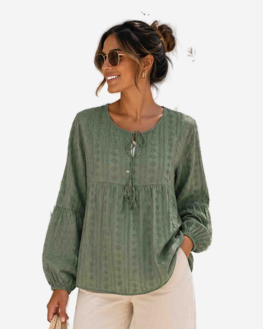Damen Bluse mit Lochstickerei aus Baumwolle