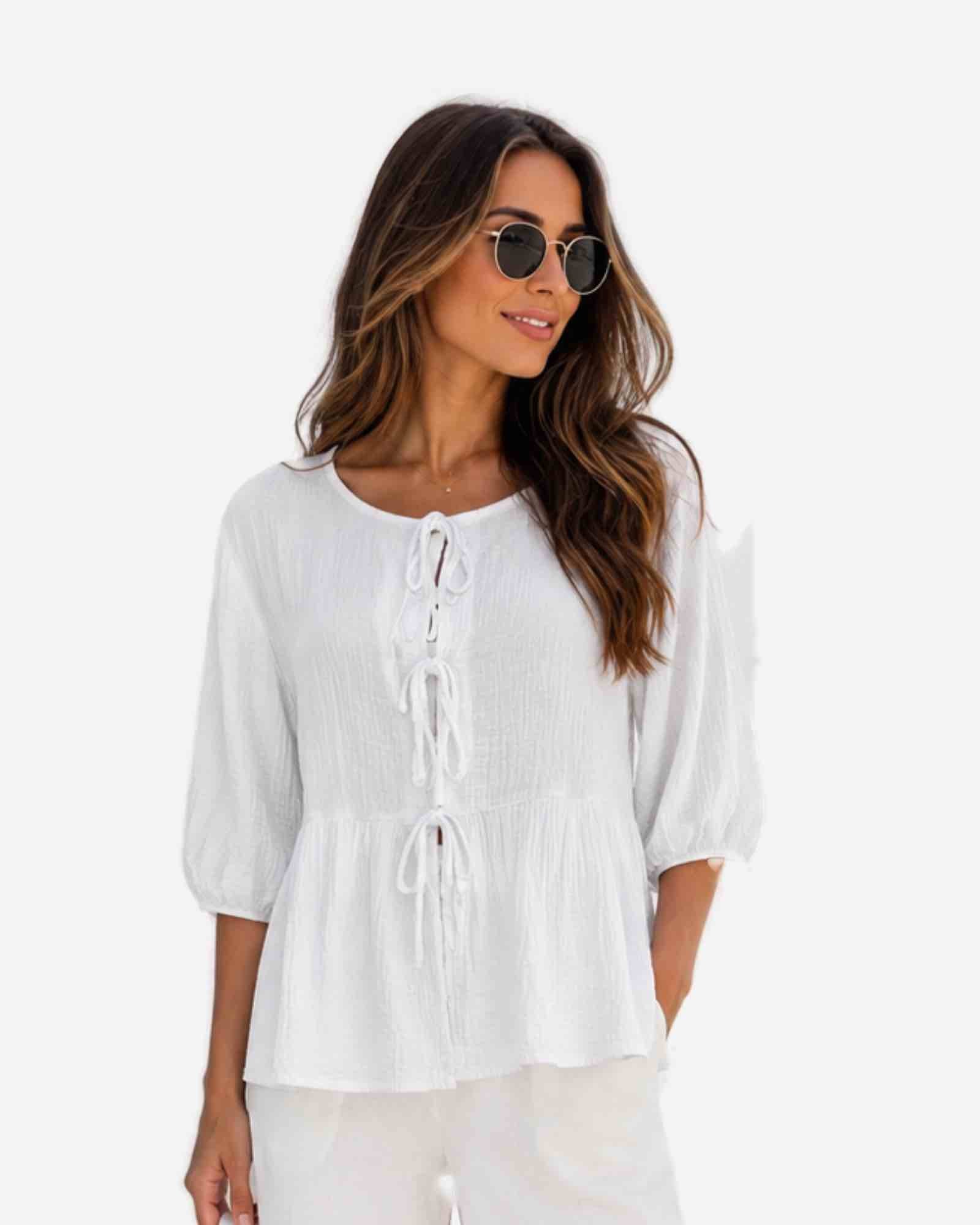 Sommerliche Baumwoll-Musselin Bluse mit Bindebändern