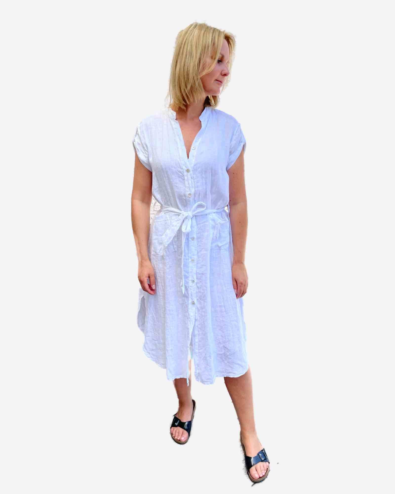 Made in Italy Damen Leinenkleid mit Gürtel