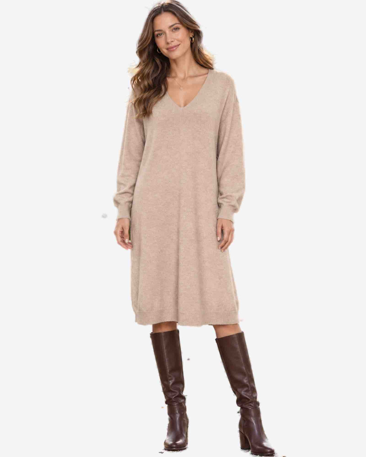 Damen Feinstrickkleid mit V-Ausschnitt – Made in Italy